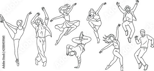 Hand drawn sketch illustration set of dancers ballet breakdance modern hip hop performing creative choreography vector line art.