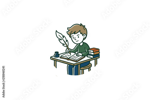Young boy writing with quill at desk.