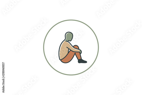 Minimalist vector illustration of a sad lonely person sitting on the floor hugging knees.