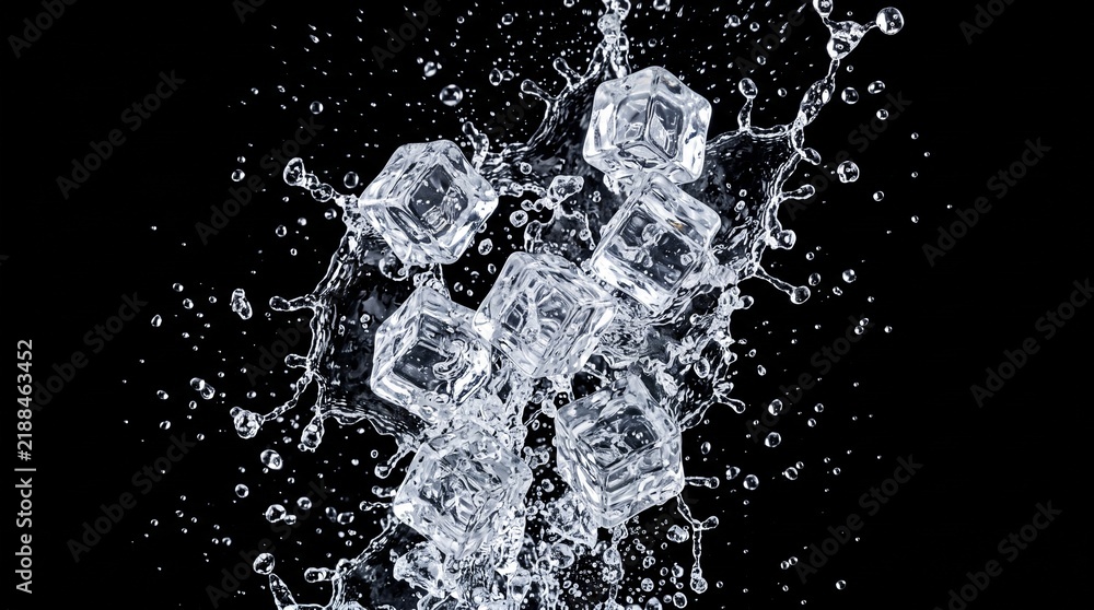 Obraz premium Ice cube water splash isolated black background clear refreshing cold frozen crystal liquid realistic dynamic