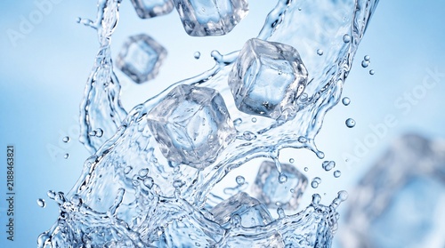 Crystal clear ice cube water splash refreshing cool blue background close up liquid motion summer freshness cold clean purity beverage concept