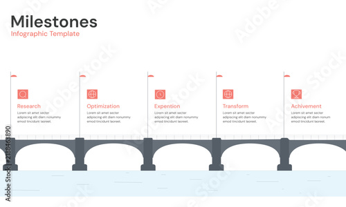 Milestones Infographic Template with Bridge Concept Business Timeline Diagram