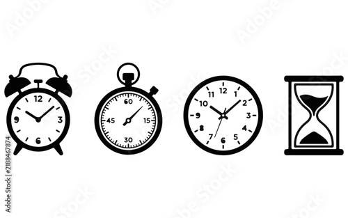 Set of black and white clock icons including alarm clock stopwatch wall clock and hourglass sand timer
