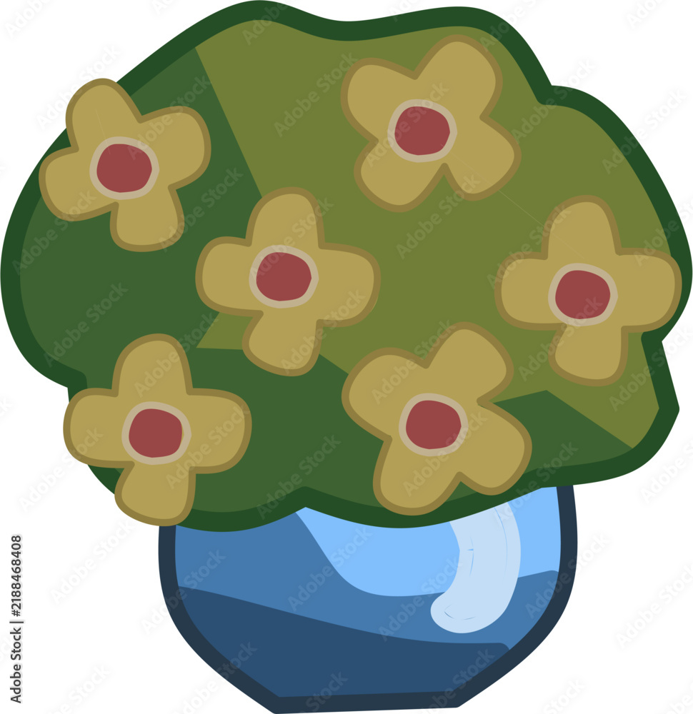 Fototapeta premium Cute potted plant illustration with green leaves and yellow flowers in a blue ceramic pot isolated on white background