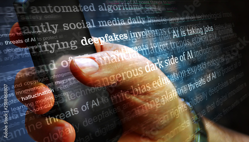 Dark side of AI news titles on screen in hand 3d illustration