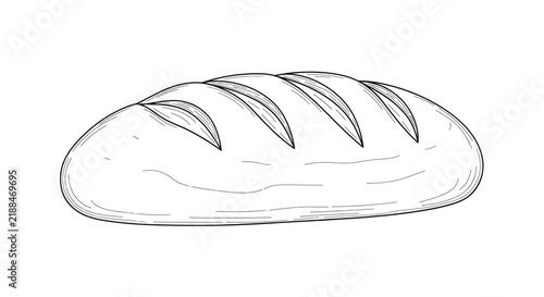 A simple line drawing depicts a loaf of bread. The bread has a rounded shape and is sliced with several parallel cuts across its top.
