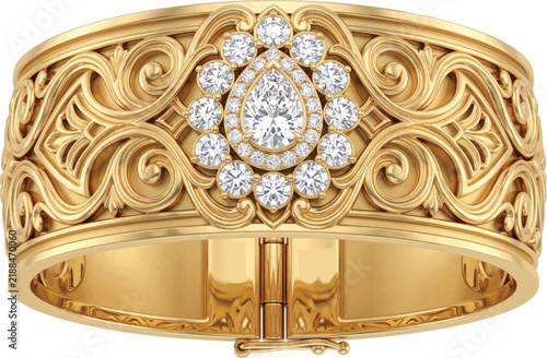 Ornate gold diamond armlet cuff bracelet isolated on transparent background