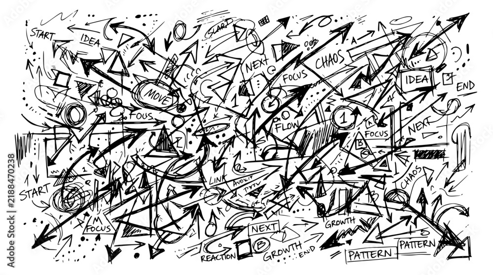 Fototapeta premium Chaotic abstract composition of overlapping arrows and set with simple line art design featuring sketches, drawings, vector graphics with minimalist and simple illustrations