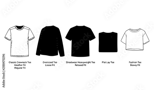 Bild auf Leinwand T-Shirt Fit Style Mockup Vector Set, Classic Crewneck Oversized Streetwear Flat