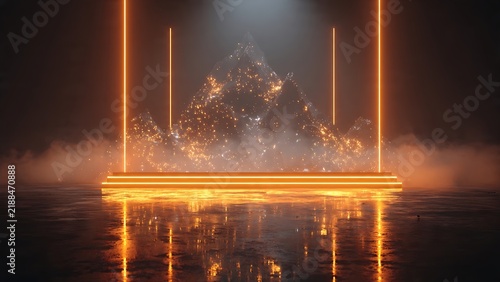 Abstract glowing orange mountain backdrop behind illuminated stage in dark studio