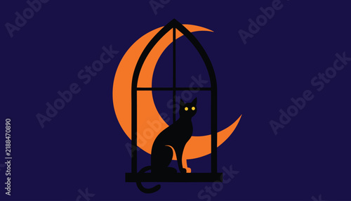 Принти на полотні Black cat silhouette with yellow eyes sitting on window frame in front of orange crescent moon