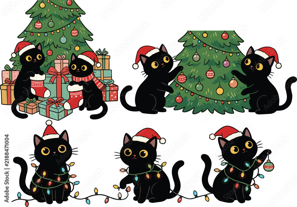 Naklejka premium Cute Christmas Black Cats Collection with Santa Hats, Christmas Trees, Ornaments, Gifts, Stockings and Colorful Holiday Lights