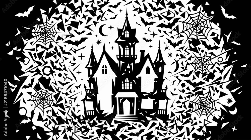 Naklejka premium Spooky Haunted House Illustration with Bats and Spiderwebs for Halloween Background in Black and White Gothic Style