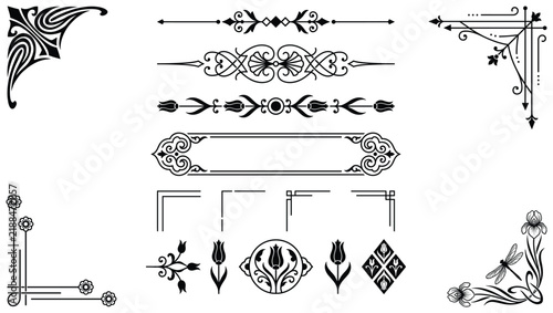 Vintage floral corner border set with art nouveau tulip divider and dragonfly design elements in black.