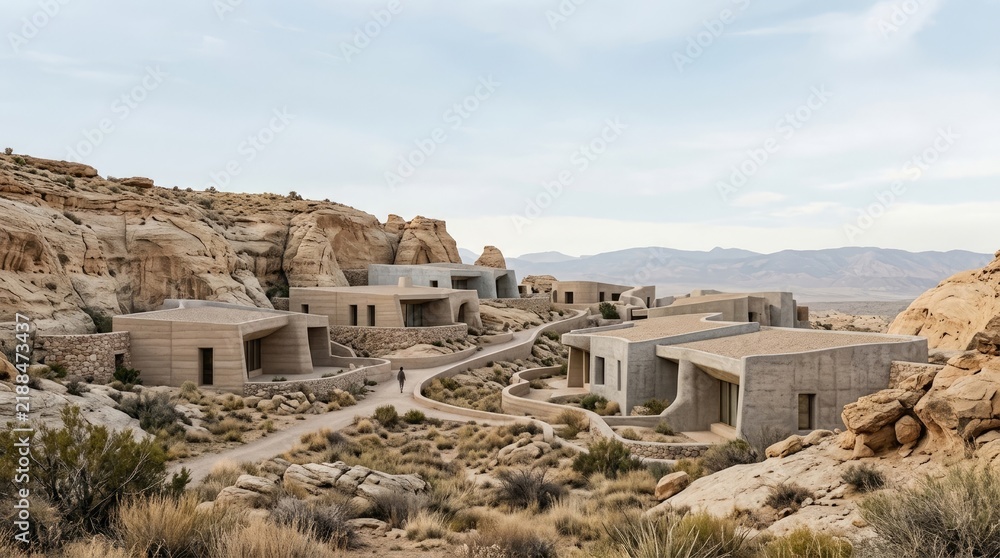 Obraz premium A modern architectural complex nestles into a rugged desert landscape.
