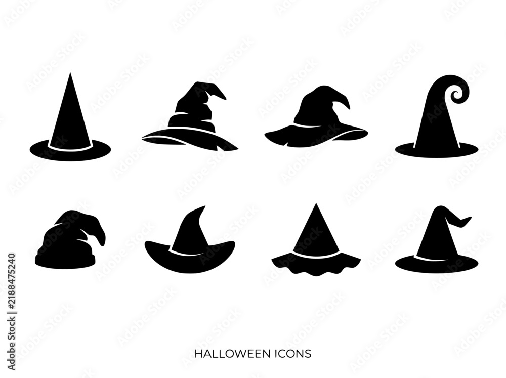 Obraz premium Halloween witch hat icons set, black silhouette wizard hats collection, spooky magic headwear vector illustrations for party decor