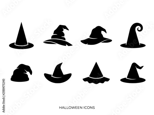 фотографія Halloween witch hat icons set, black silhouette wizard hats collection, spooky m