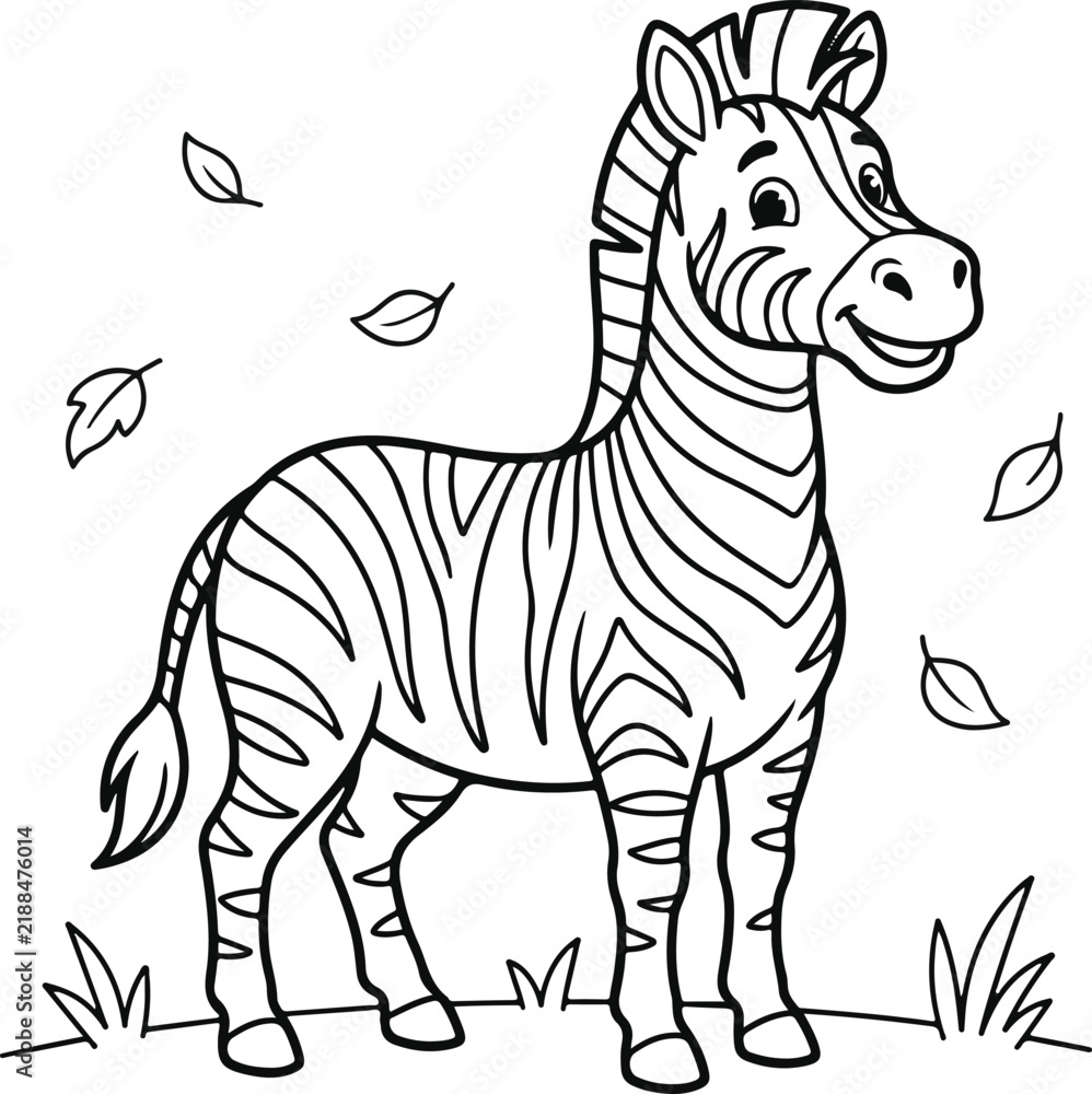 Obraz premium Cute zebra standing in a field with falling leaves, black and white line art illustration for coloring book