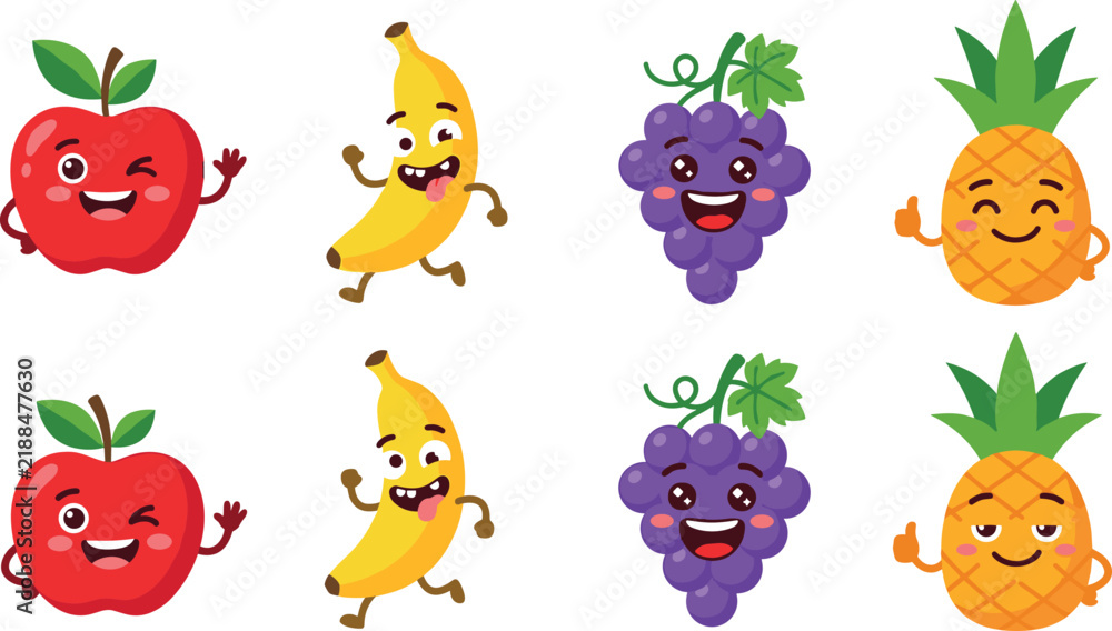 Obraz premium Cute Fruit Cartoon Character Vector Set with Happy Facial Expressions Including Smiling Apple, Funny Banana, Cheerful Grapes, and Friendly Pineapple,
