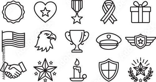 Set of patriotic line icons for celebrating vaterans day and honoring military service and sacrifice