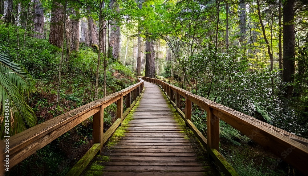 Fototapeta premium Tranquil Wooden Boardwalk Through Lush Forest