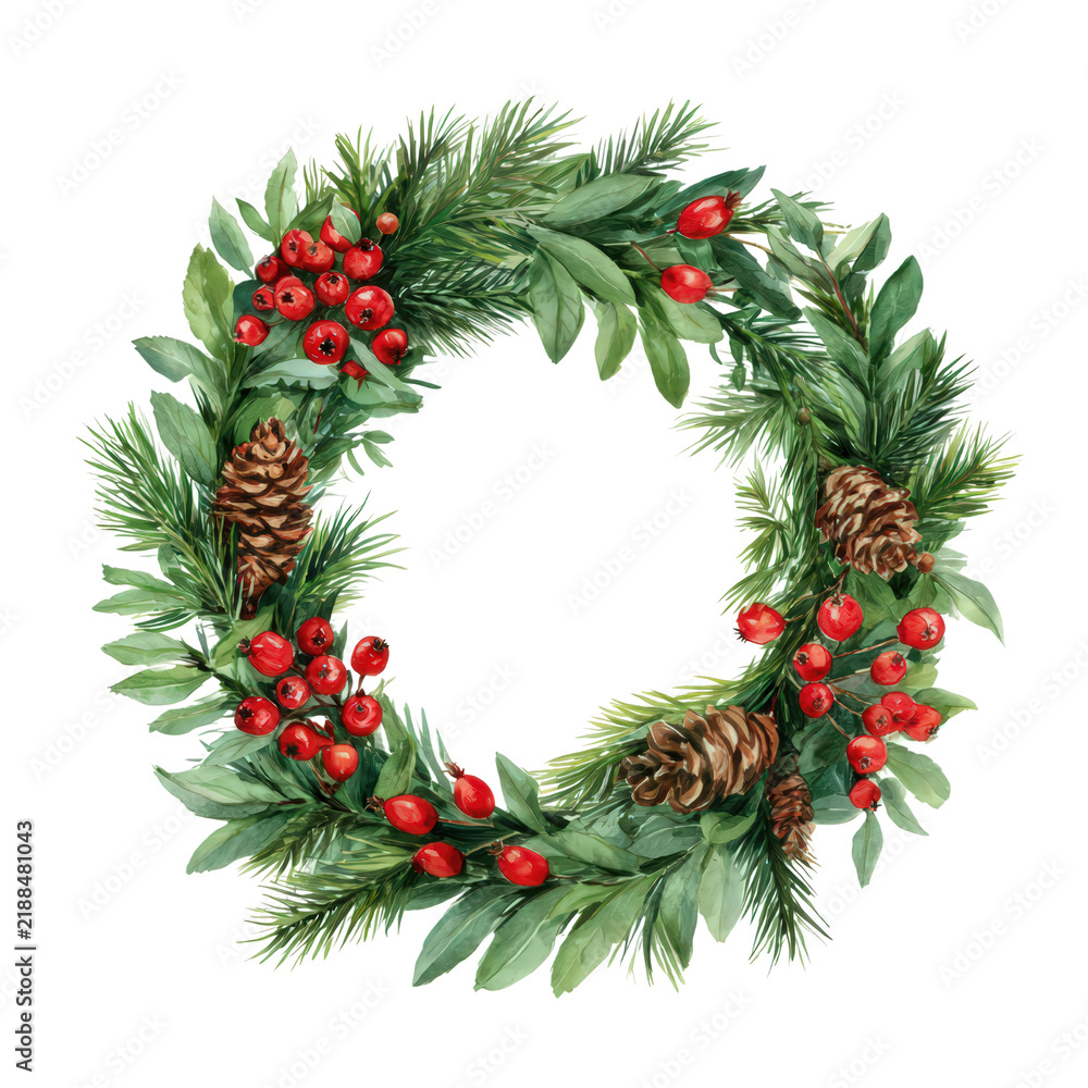 Fototapeta premium Evergreen wreath with red berry, pinecone, and botanical foliage decoration