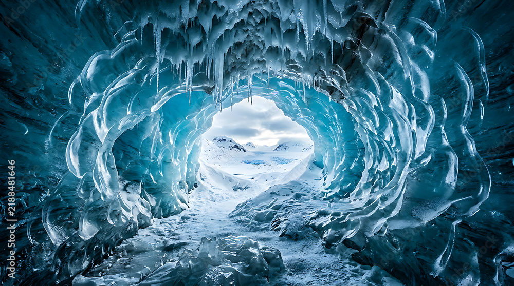Fototapeta premium Interior view of a natural blue ice cave with frozen icicles and light