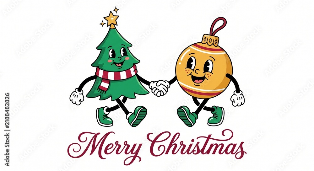 Fototapeta premium Retro Christmas tree and ornament characters holding hands