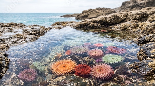 Colorful Sea Anemones Thriving in a Coastal Tidal Pool with Rocky Shoreline Background, Symbolizing Marine Biodiversity and Natural Ecosystem Balance