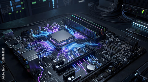Obraz na płótnie Computer processor chip on a motherboard with glowing neon circuit pathways