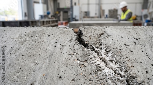 Cracked Concrete Structure Self-Healing with Mineral Precipitation in a Laboratory, Symbolizing Innovative Construction Technology and Sustainable Materials