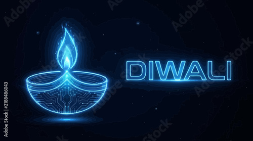 Diwali festival diya lamp illustration featuring glowing circuit board patterns created with modern blue vector design