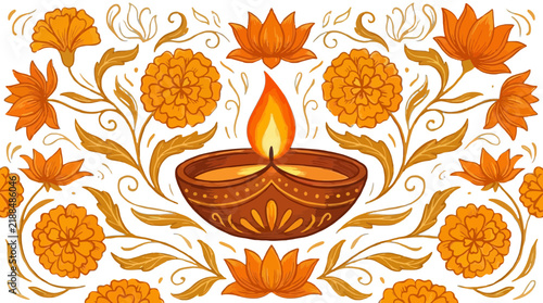 Festive diya oil lamp illustration decorated with vibrant orange marigold flowers for traditional Indian holiday celebrations