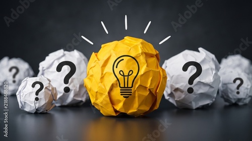 Creative Problem Solving Concept with Bright Light Bulb Emerging from Questions Representing Clarity, Innovation and Breakthrough Ideas