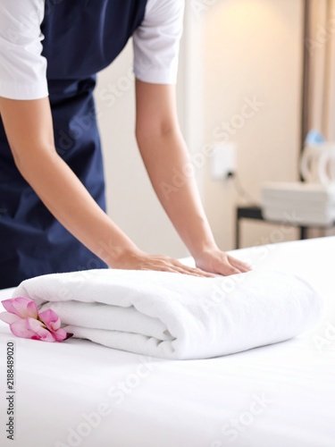 Hotel staff folding a clean white towel with pink flower petals on a bed.