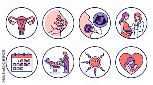 Womens Reproductive Health Fertility Pregnancy and Gynecology Color Line Icon Set on White Background