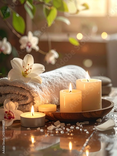 Warm and inviting spa setting with lit candles, soft white towel, and delicate orchids creating a serene and relaxing atmosphere.