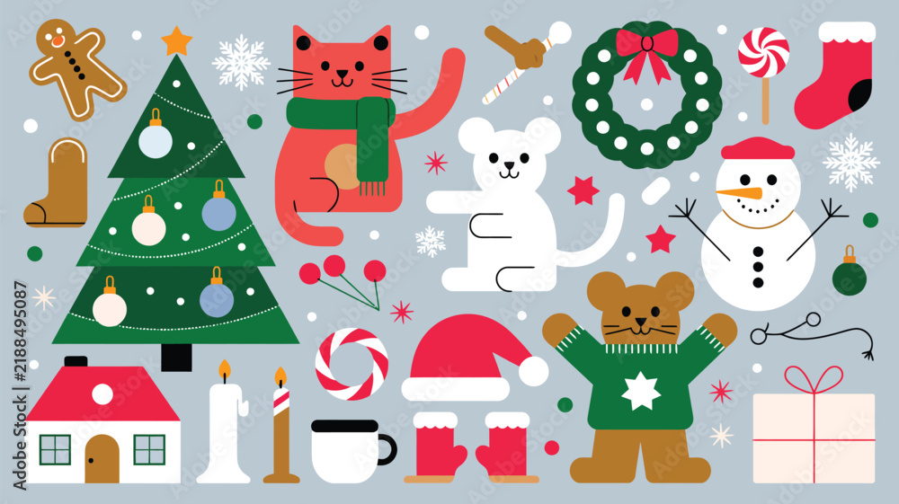 Naklejka premium Cute holiday season collection with festive Christmas items and cartoon characters