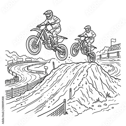 Two motocross riders on dirt bikes jump simultaneously over a large dirt mound on an outdoor track, illustrated in a dynamic black and white line art style.
