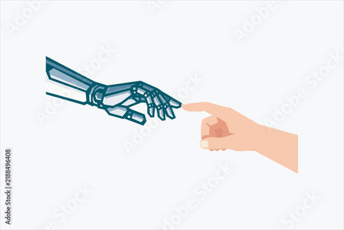 Robot hand and human hand touching in flat 2D style. Vector concept for artificial intelligence, technology connection, and future innovation.