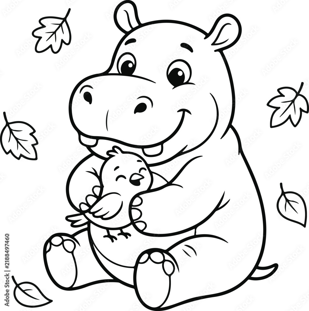 Obraz premium Happy cartoon hippo cuddling a cheerful little bird, autumn leaves falling