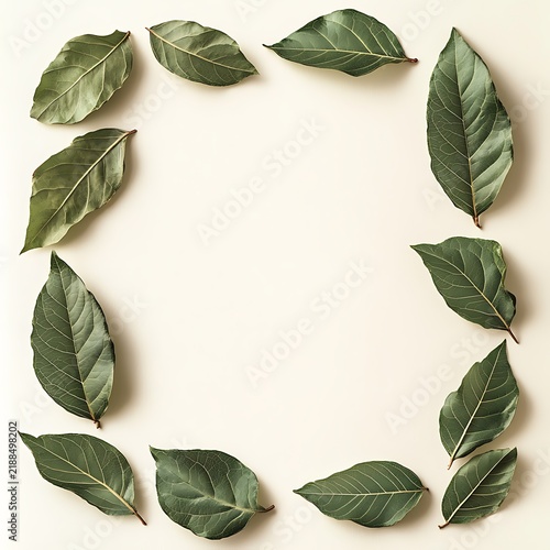 Green leaves arranged in a square frame on a light background.