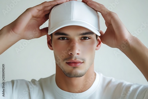 Handsome man wearing a white cap and t-shirt, looking at the camera.