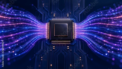 Obraz na płótnie Central processing unit with symmetrical glowing digital data streams representing quantum computing and artificial intelligence
