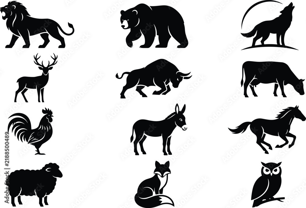 Obraz premium Wild and Farm Animal Silhouette Icon Set Featuring Lion, Bear, Wolf, Deer, Boar, Cow, Rooster, Donkey, Horse, Sheep, Fox and Owl