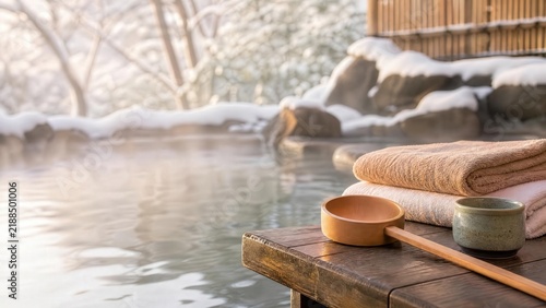 Winter onsen towels and ladle scene for wellness travel promotion