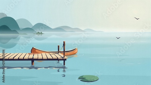 A wooden pier with a boat on a calm lake with mountains in the background with side mountains distance