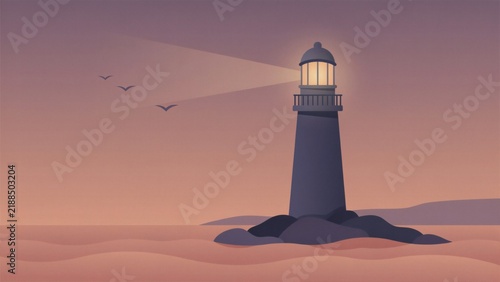 A flat vector illustration of a lighthouse shining a beam of light over the sea with lighthouse rocks dusk