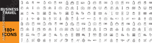 Business Trip Carry On line icon set. Vector pictograms of luggage, travel documents, packing accessories, and mobile technology elements. Outline icon in linear style