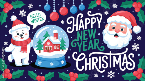 Festive Happy New Year and Christmas greeting with Santa Claus, polar bear, and snow globe